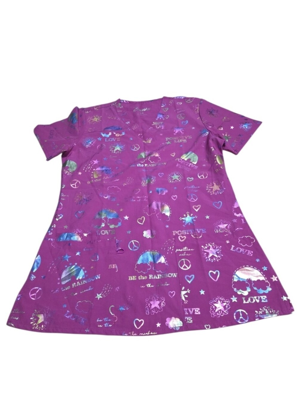 Zinnia New Pink Scrub Top Womens XS Positive Vibes Be The Rainbow Stars Hearts